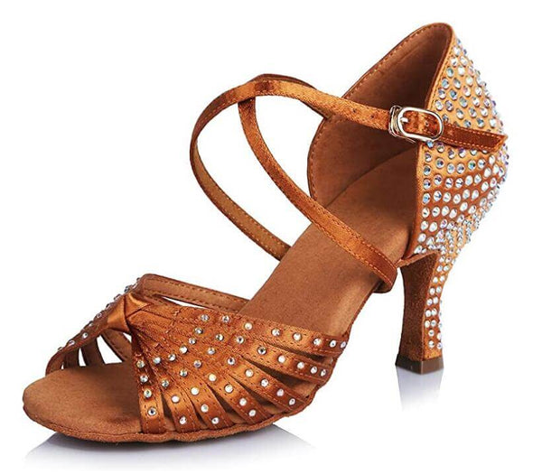 Rhinestone Ballroom Dance Shoes Tan Satin Latin Salsa Dancing Shoes –  TTdancewear